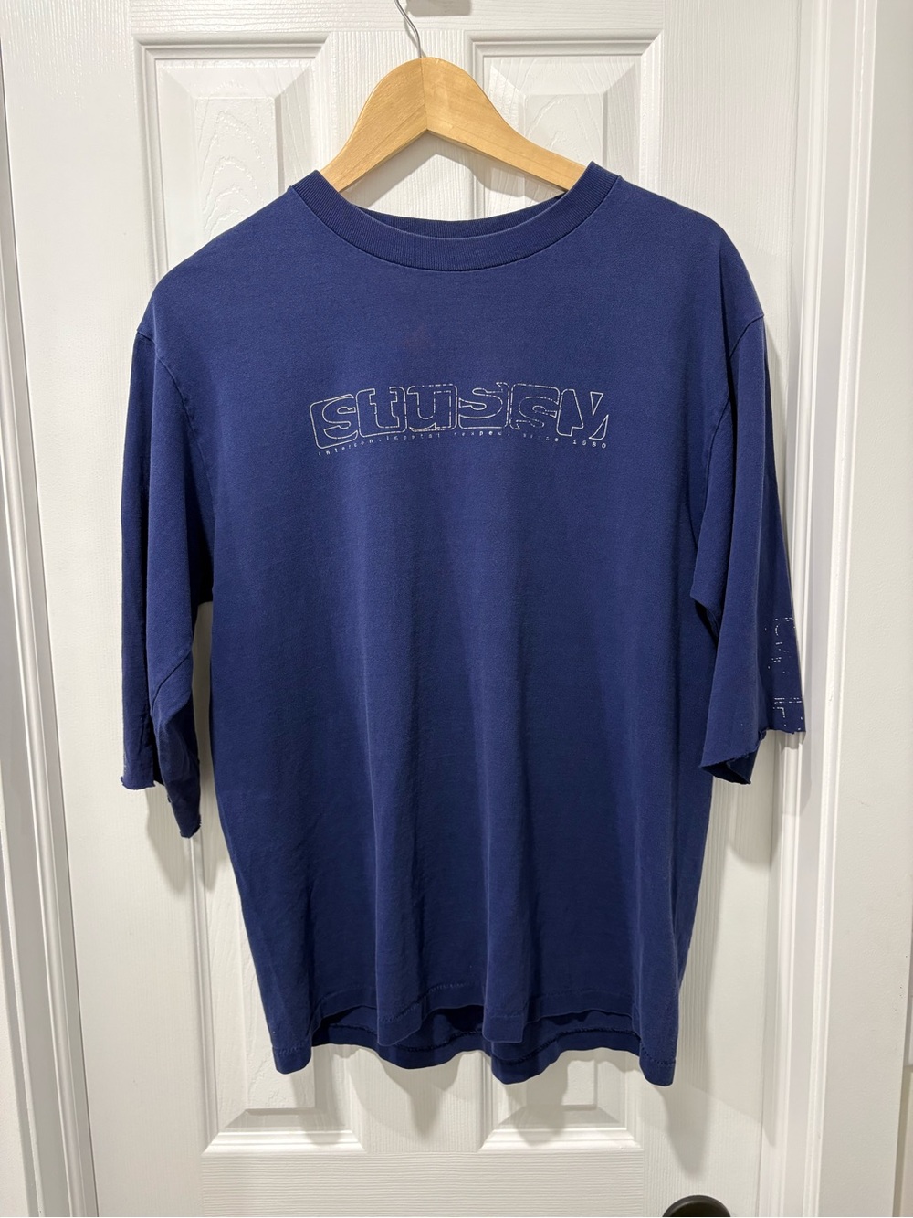 Vintage STUSSY t shirt single stitch men’s medium chopped sleeve blue